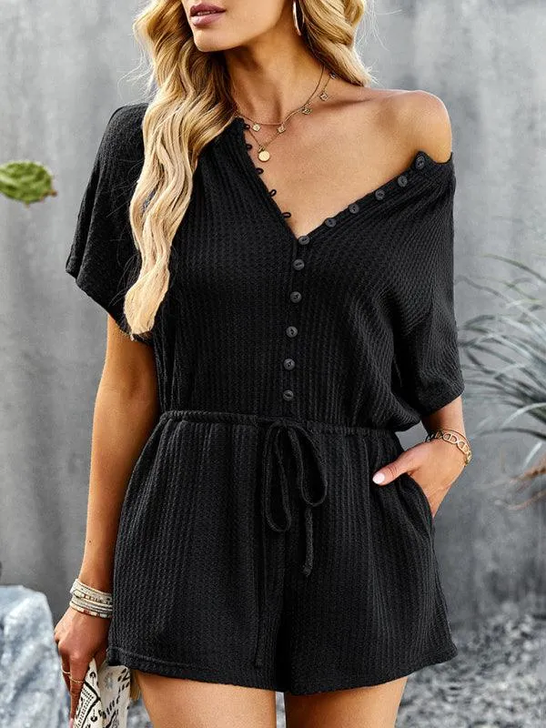 Chic Ribbed Weekend Romper with Front Button Closure - Women's Fashion Jumpsuit