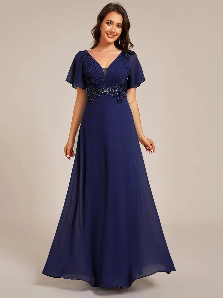 Grace | Plus Size Short Sleeve Waist Applique V-Neck Maxi Formal Evening Dress