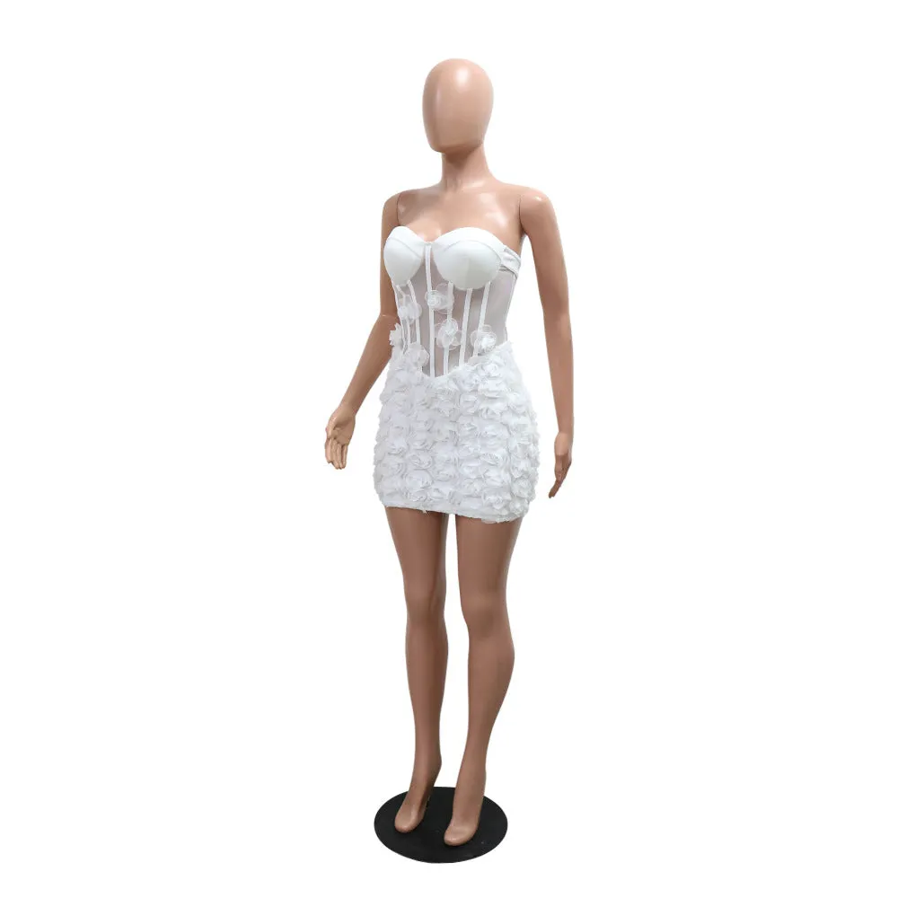 MALYBGG Sleeveless Sheer Tube Dress for Women: 3D Floral Embellishments, Perfect for Parties ZZ-27713