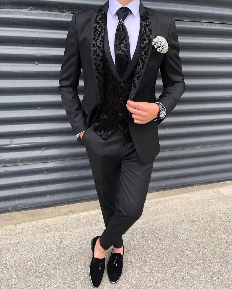 xiangtuibao Costume Homme Mariage Men's Suits Silm Black Groom Tuxedos Lace Notch Lapel Blazer Groomsmen Suits For Wedding Jacket Vest Pant