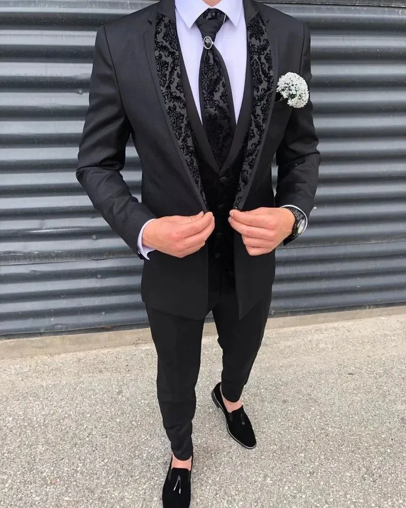 xiangtuibao Costume Homme Mariage Men's Suits Silm Black Groom Tuxedos Lace Notch Lapel Blazer Groomsmen Suits For Wedding Jacket Vest Pant