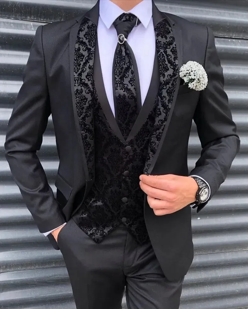 xiangtuibao Costume Homme Mariage Men's Suits Silm Black Groom Tuxedos Lace Notch Lapel Blazer Groomsmen Suits For Wedding Jacket Vest Pant