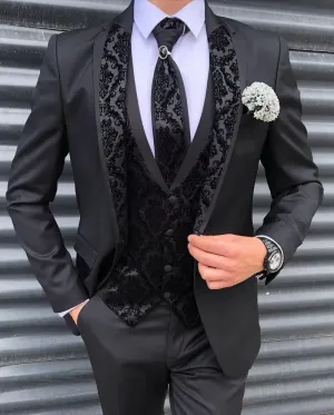 xiangtuibao Costume Homme Mariage Men's Suits Silm Black Groom Tuxedos Lace Notch Lapel Blazer Groomsmen Suits For Wedding Jacket Vest Pant